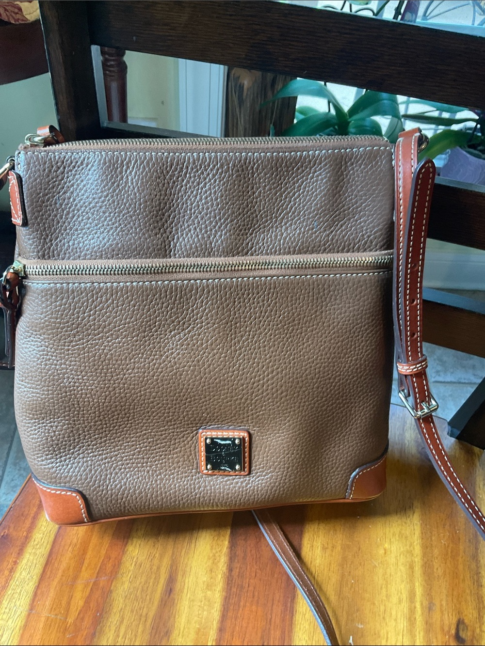 Dooney & Bourke Brown Pebbled Leather xbody with Tan Trim